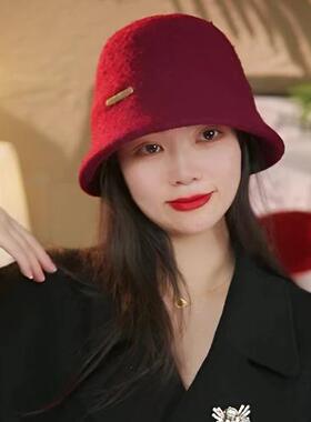 安可拉红色羊毛渔夫帽女气质优雅
