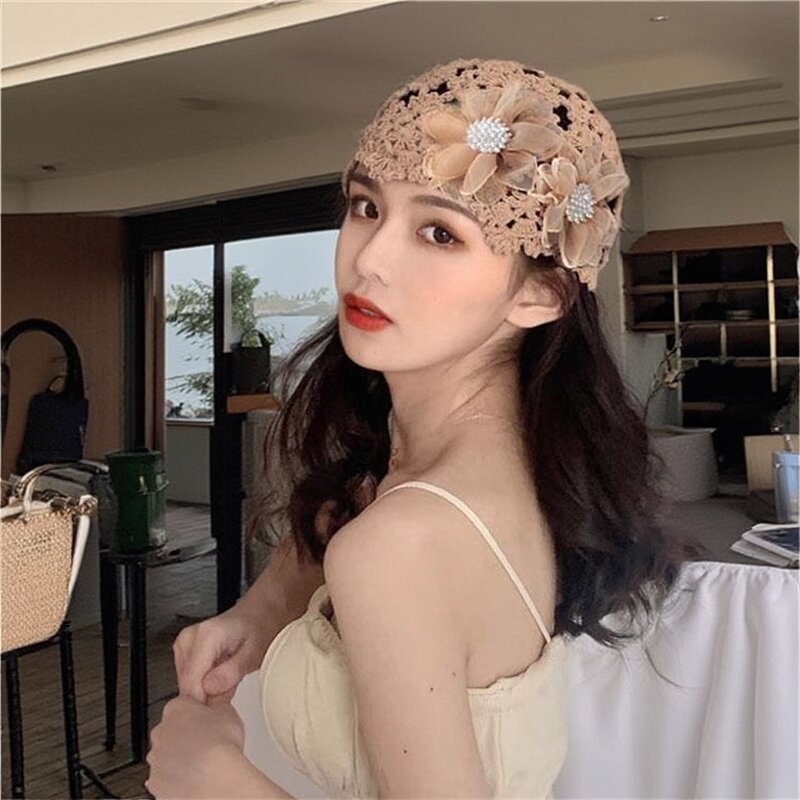 手工针织帽子女2026年新款日系镂空透气花朵包头帽夏季薄款套头帽