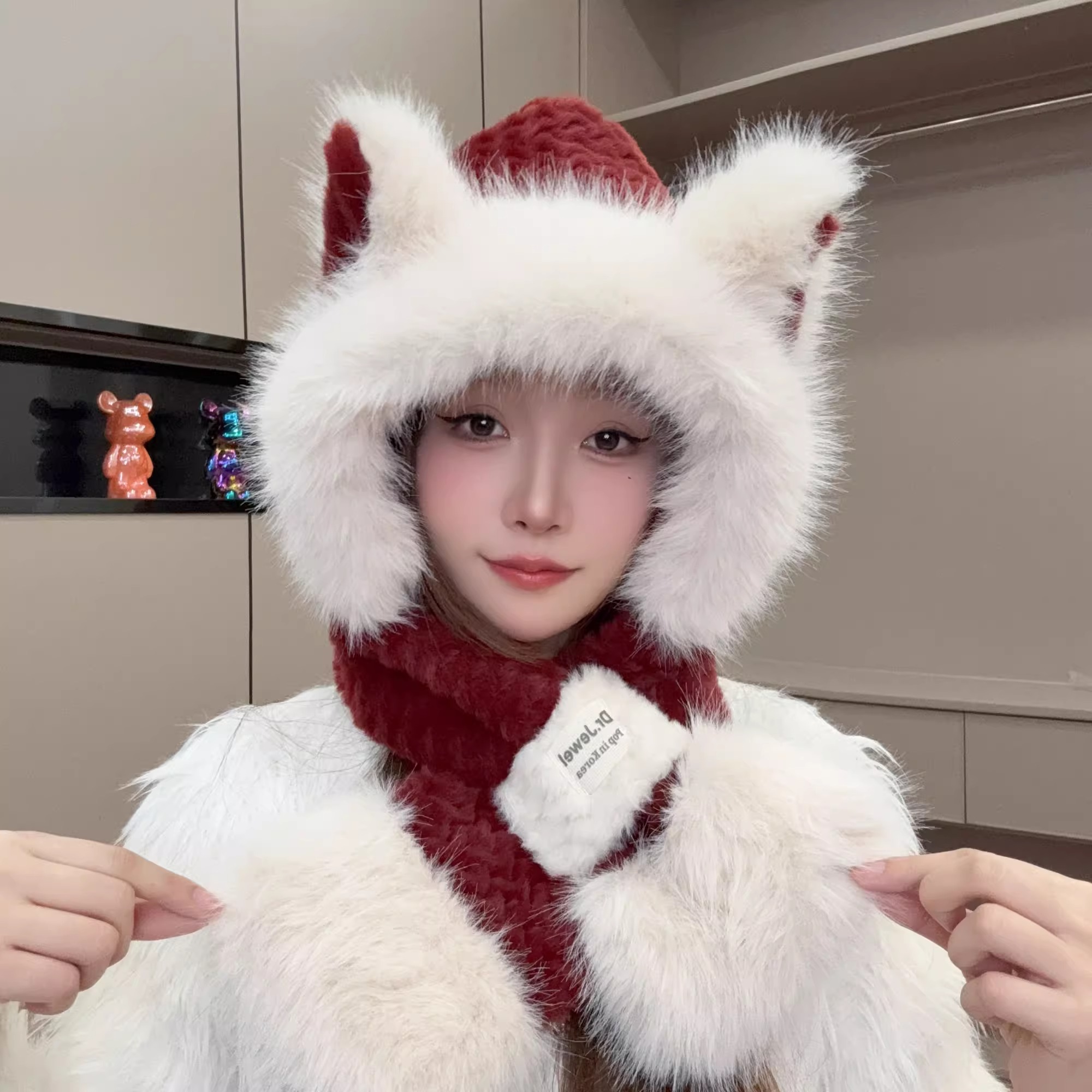 红色毛绒针织护耳帽子女秋冬新款可爱狐狸耳朵帽子围脖一体雷锋帽