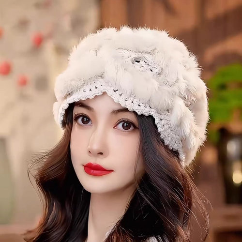 韩版气质优雅兔毛绒针织包头帽女