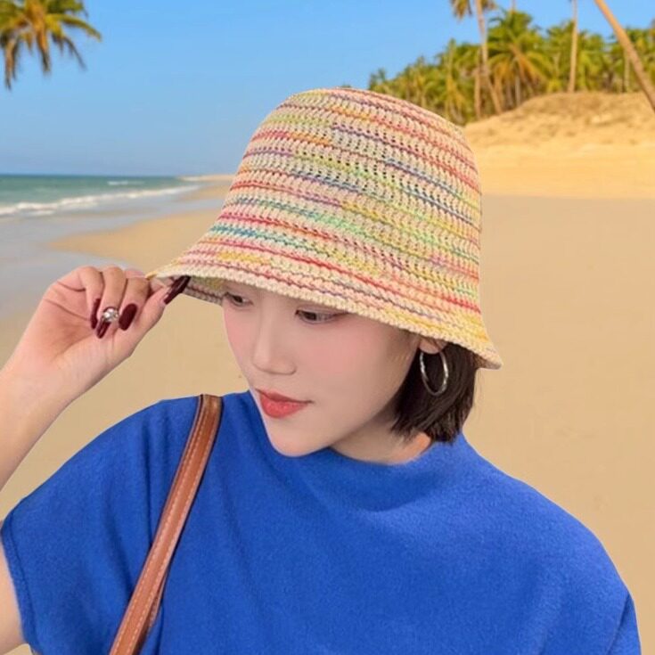 手工编织彩虹渔夫帽女防晒遮阳帽图片