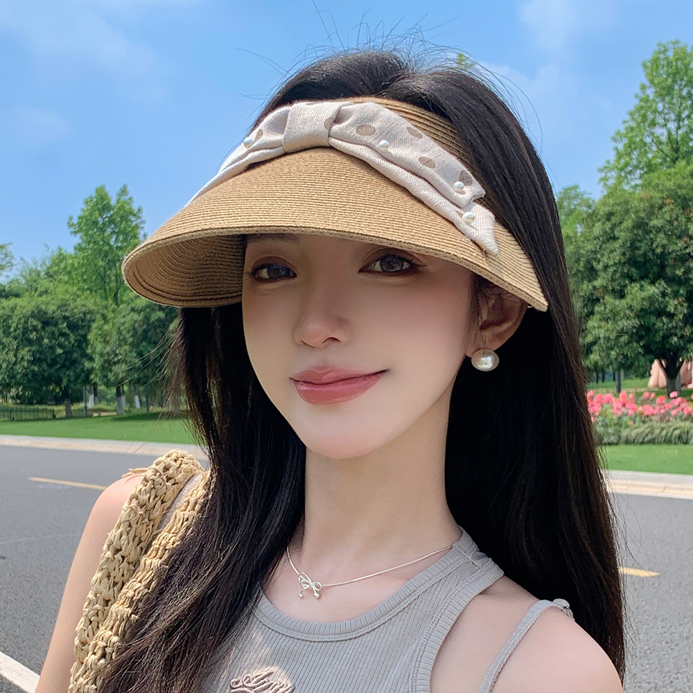 蝴蝶结草编空顶帽女夏季沙滩度假