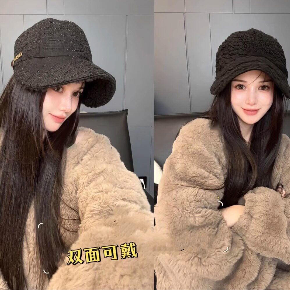 双面可戴黑色保暖鸭舌渔夫帽子女