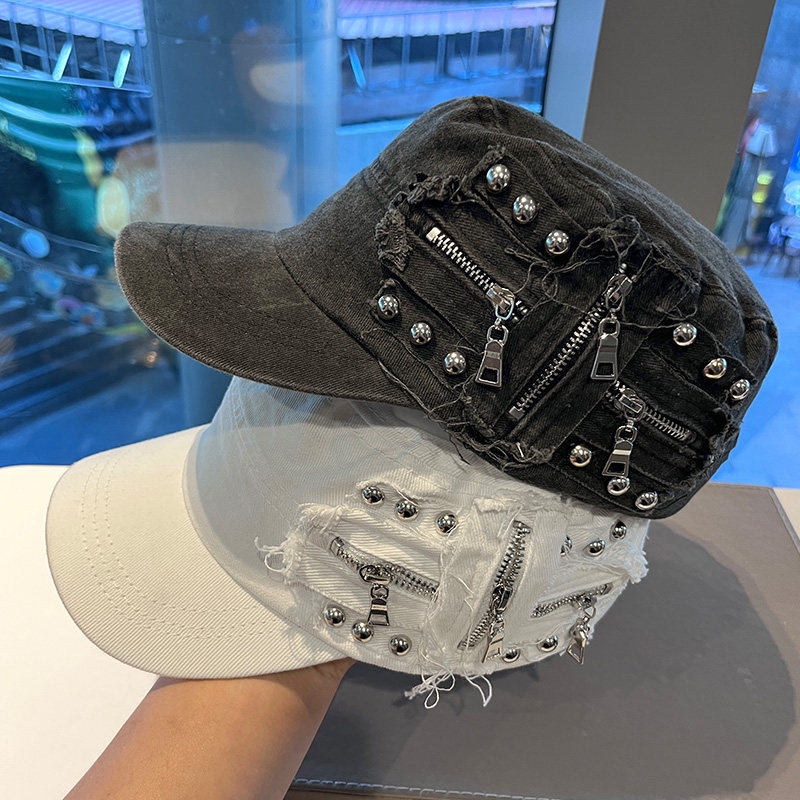 美式街头重工铆钉拉链平顶帽女春秋新款小众辣妹风y2k复古鸭舌帽