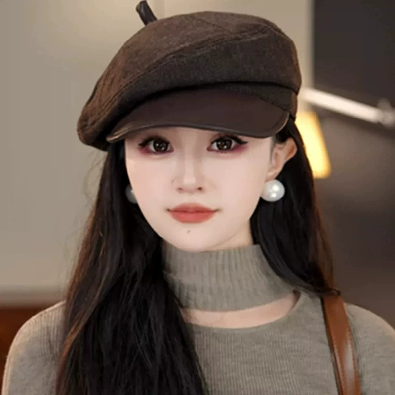 复古皮檐八角帽女秋冬新款显脸小