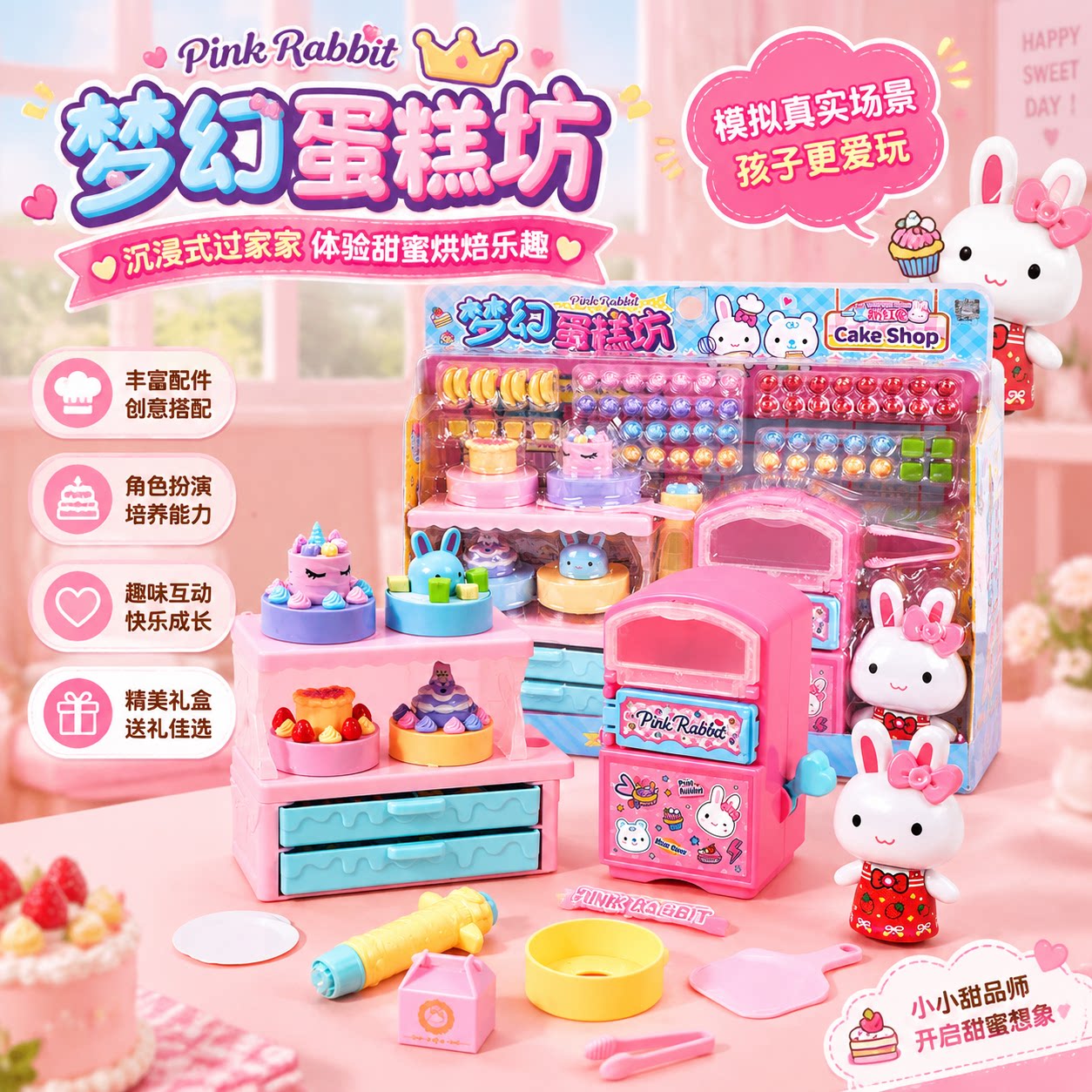 粉红兔梦幻蛋糕坊过家家玩具女3-6岁厨房蛋糕店趣味互动角色扮演