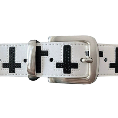 黑白拼皮十字架休闲皮革松紧腰带