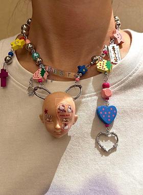 多巴胺多彩夸张娃头项链Y2k