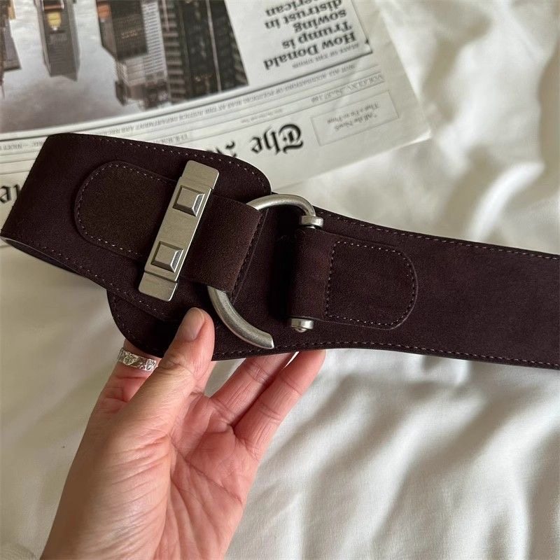 秋冬新款真皮腰封女潮流银扣牛反绒弹力松紧高级感配大衣宽腰带软