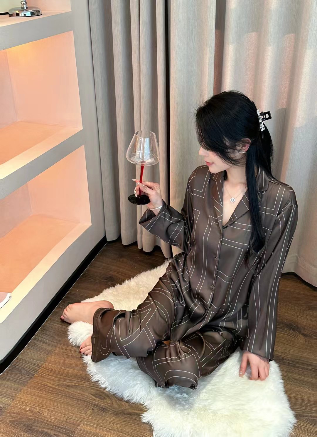 睡衣女春季高级感冰丝开衫长袖轻奢女式大码印花夏季套装家居服女