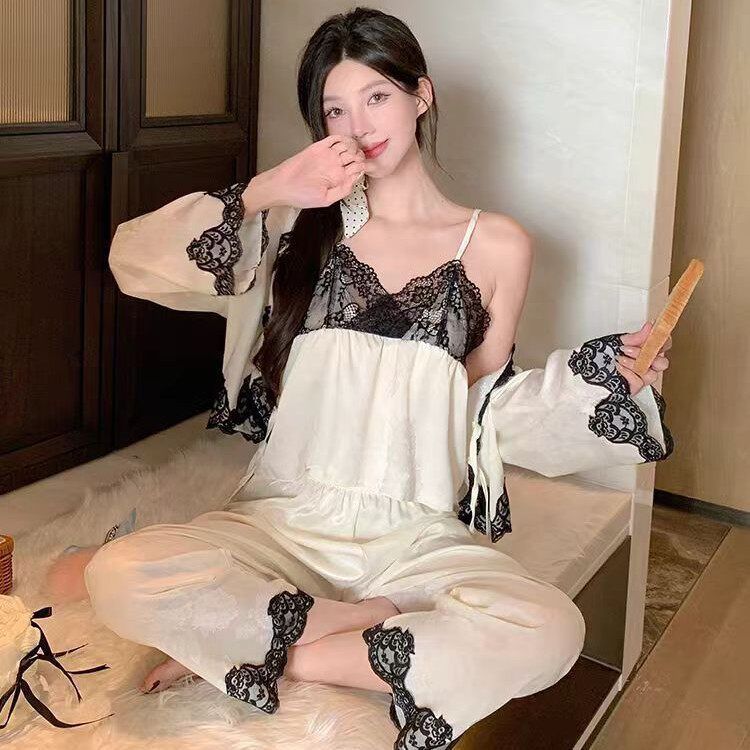法式性感纯欲风真丝睡衣女款2025新款夏天季冰丝绸吊带短裤四件套