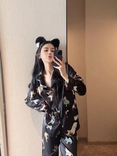 网红同款冰丝睡衣女卡通小狗长袖长裤绸缎家居服韩版可外穿套装女