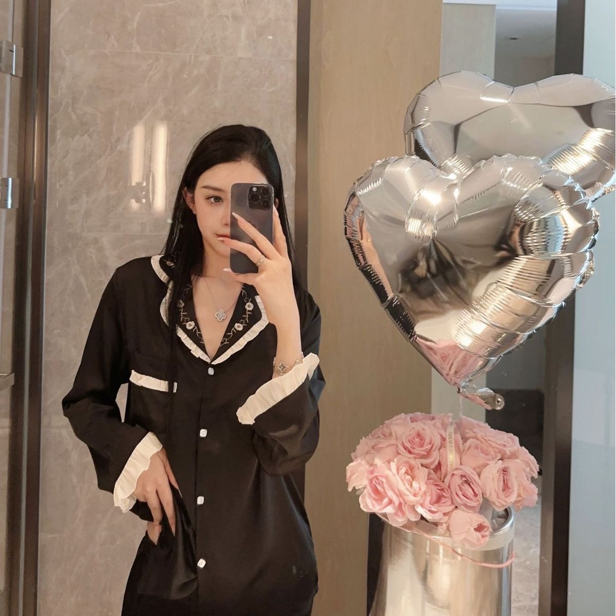 睡衣女春秋款轻奢风荷叶边刺绣2睡衣/家居服套装