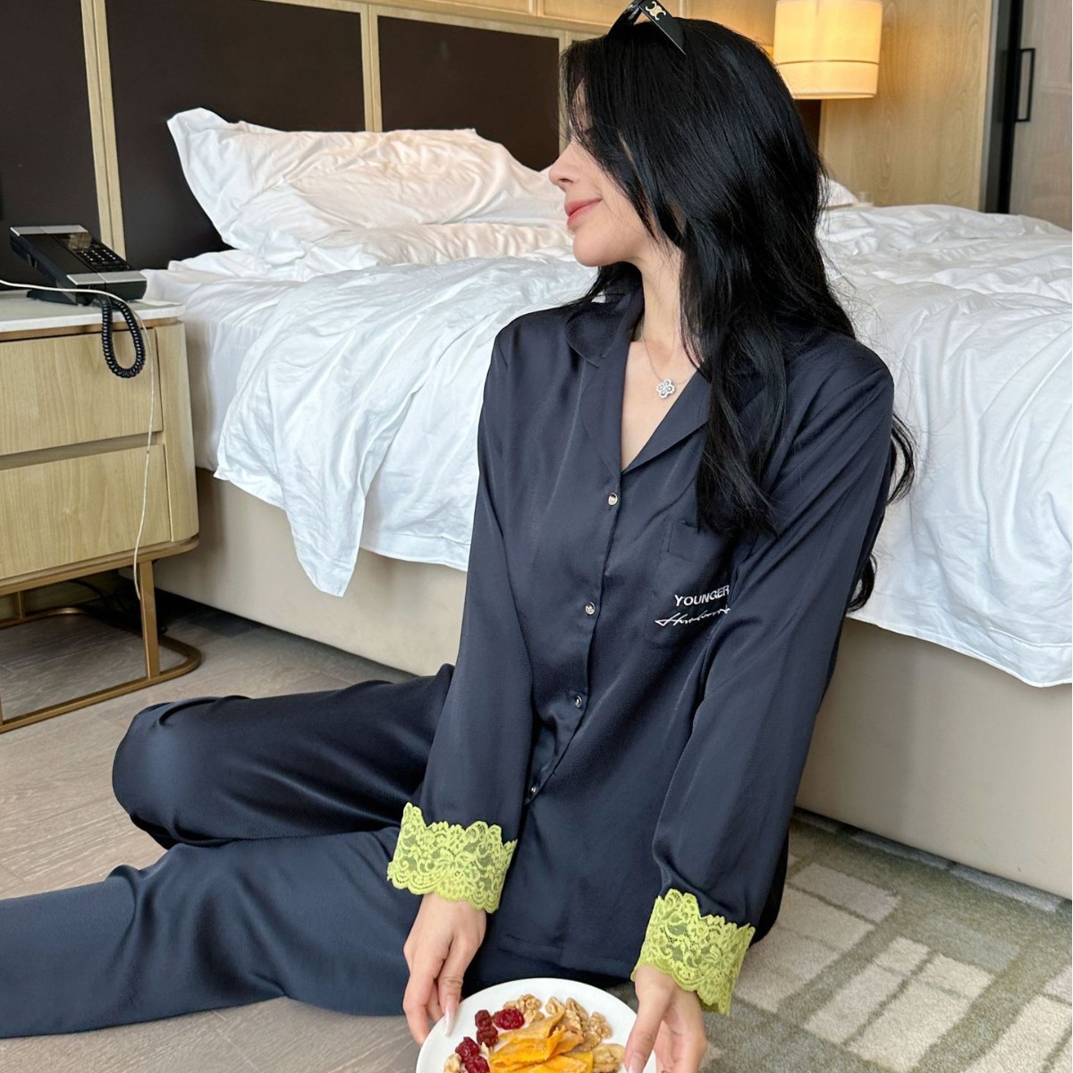 小香风睡衣女春秋款真丝长袖法式日系女睡衣性感蕾丝家居服两件套