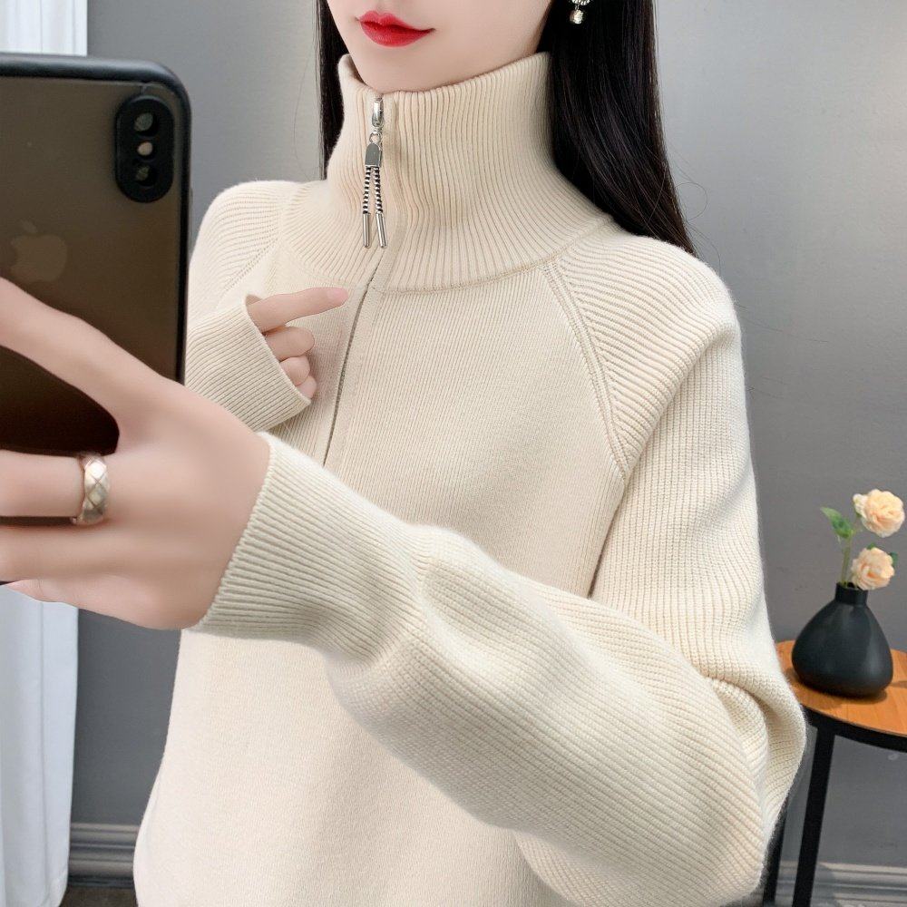 设计感高翻领女士2025秋冬季新款加厚长袖套头半拉链针织毛衣外套
