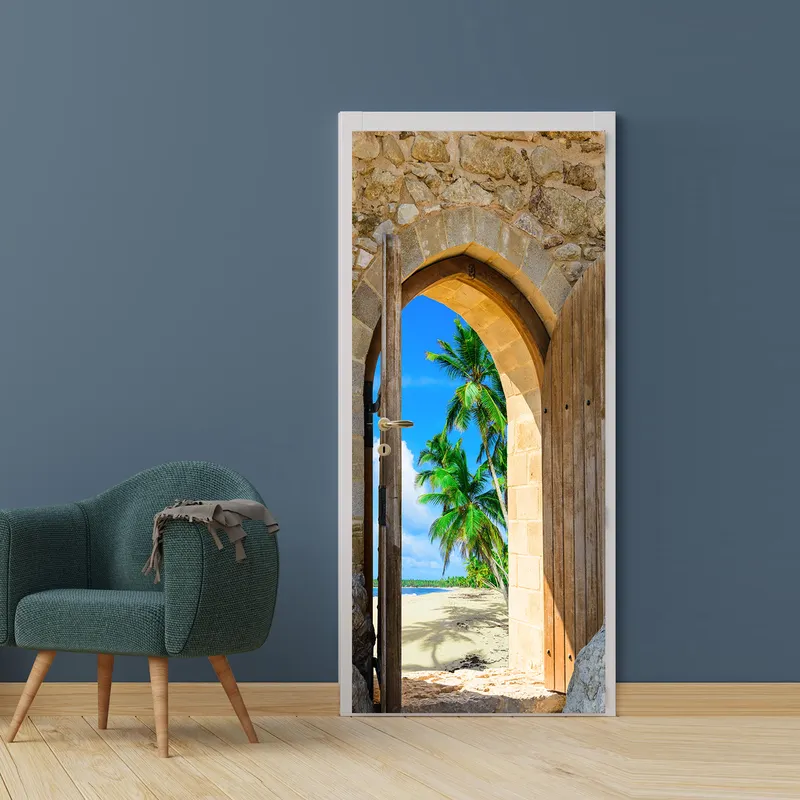 3D立体海景沙滩欧式图案，门上贴纸，家庭可拆卸防水壁画家居装饰图片