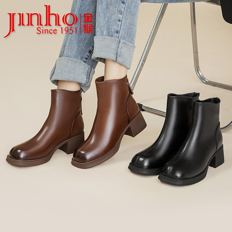 金猴超软小羊皮女鞋粗跟中跟 保暖加绒二棉鞋短靴后拉链厚底皮鞋