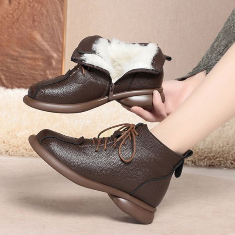 加绒加厚羊毛鞋高帮 皮毛一体女鞋大码41-43码妈妈鞋棕色真皮单鞋