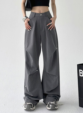99185-045铆钉灰色阔腿工装裤大码女胖mm梨型身材显瘦休闲裤子潮