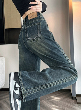 77163-043刺绣花设计感牛仔裤大码女胖mm遮胯显瘦高腰阔腿裤子