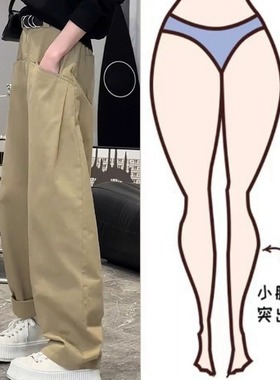 99177-042卡其色工装裤子大码女胖mm显瘦梨型身材粗腿宽胯阔腿裤