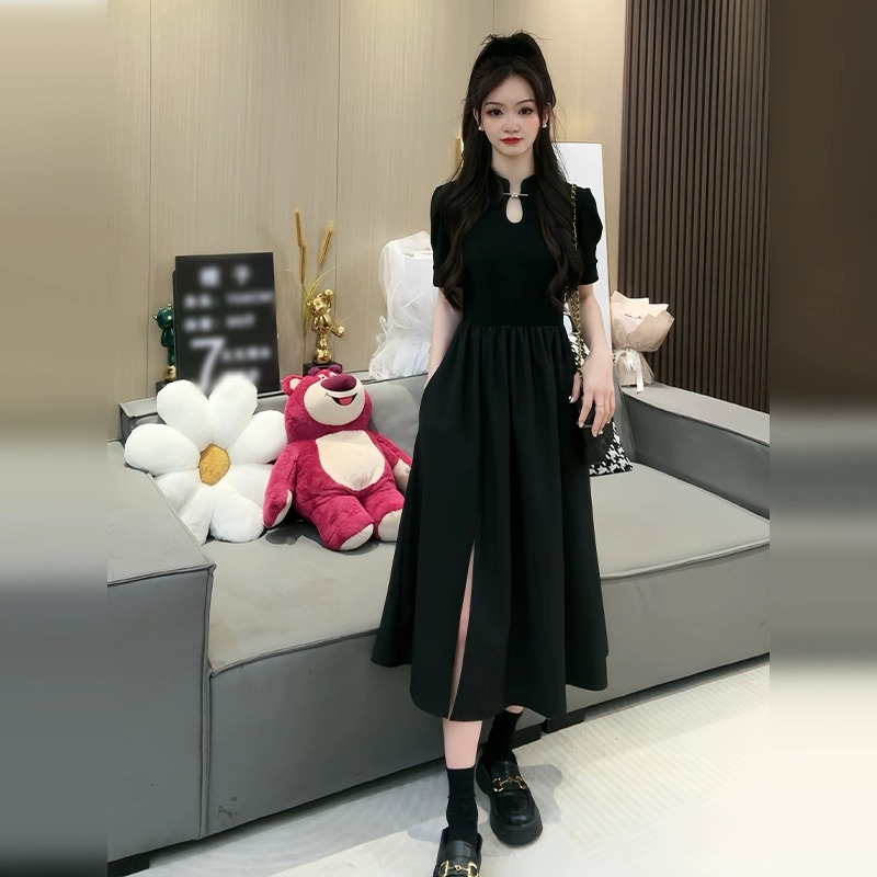 99219-048新中式国风连衣裙大码女胖mm遮肚子显瘦开叉改良旗袍夏