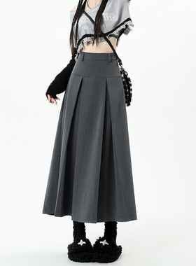 99168-045胖mm梨型身材灰色大码半身裙高腰百褶a字大摆裙遮肚显瘦