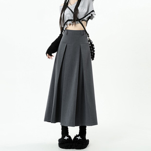 99168-045胖mm梨型身材灰色大码半身裙高腰百褶a字大摆裙遮肚显瘦