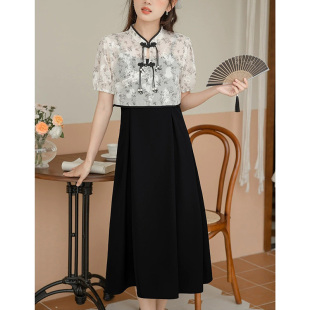 99222-065改良旗袍新中式国风连衣裙大码女胖mm遮肚子显瘦套装夏