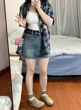 77080-35牛仔半身裙子大码胖mm显瘦遮肚子梨型身材遮胯a字短裙女