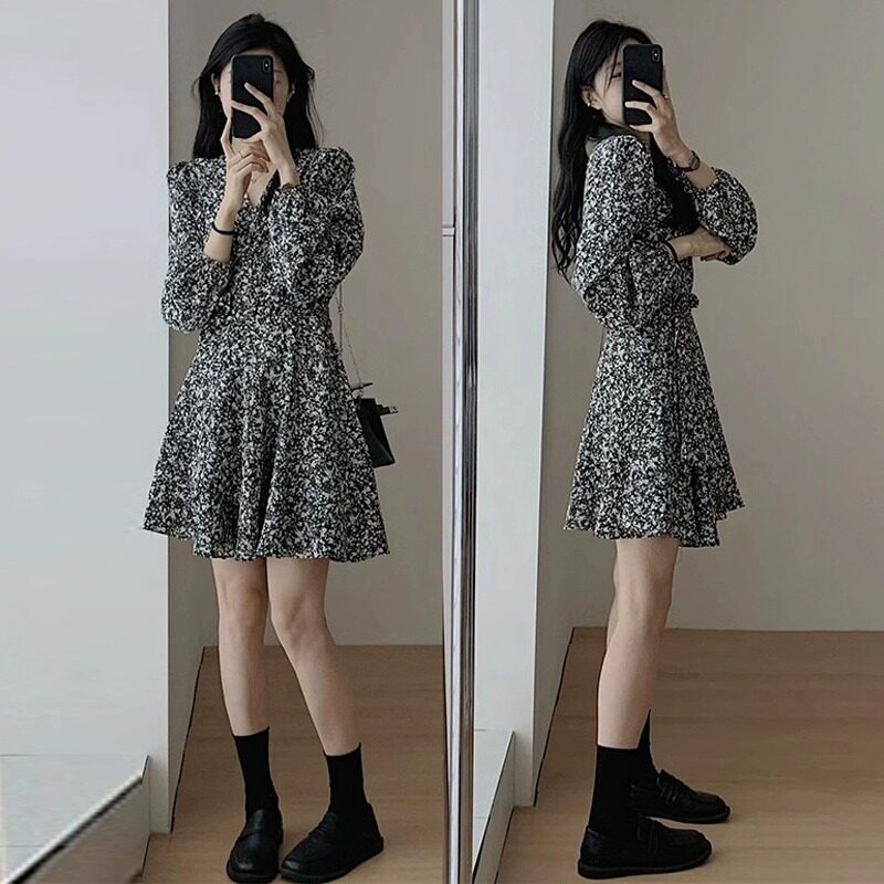 99217-048一片式碎花连衣裙大码女胖mm遮肚子显瘦绑带收腰短裙夏