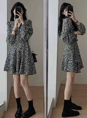99217-048一片式碎花连衣裙大码女胖mm遮肚子显瘦绑带收腰短裙夏