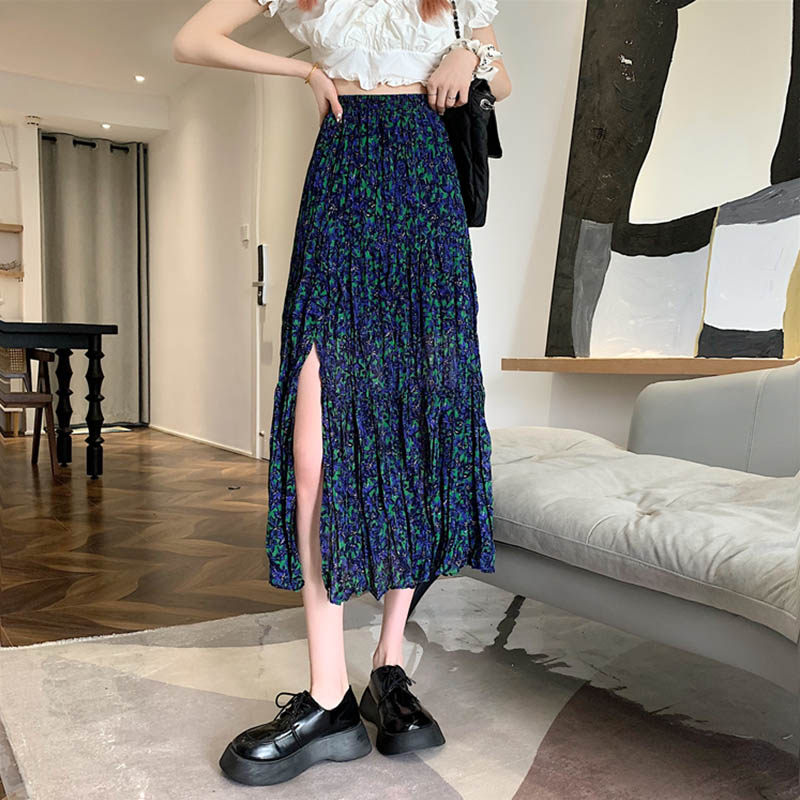 99098-038雪纺碎花大码开叉半身裙胖mm显瘦长裙遮肚子遮胯宽垂感