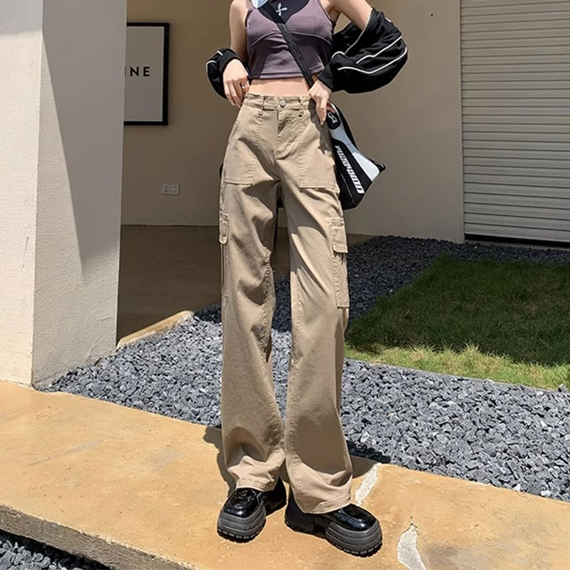 卡其色工装裤子大码女胖mm牛仔裤