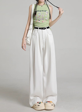 77181-46/蓝43白色天丝皱褶牛仔裤子大码女胖mm显瘦高腰阔腿裤薄