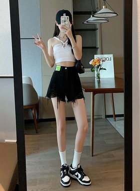 77073-030黑色毛边破洞牛仔a字短裤大码女胖mm梨型身材热裤显瘦