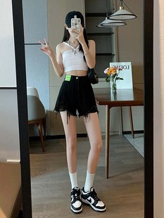 77073-030黑色毛边破洞牛仔a字短裤大码女胖mm梨型身材热裤显瘦