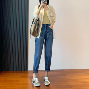 9327-038高腰哈伦牛仔裤大码胖mm小个子九分裤梨型身材遮胯显瘦