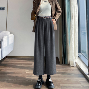 99302-40灰色毛呢阔腿裤子女胖mm大码显瘦小个子梨型身材高腰秋冬