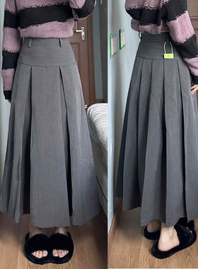 99168-045灰色西装大码半身裙高腰胖mm梨型身材遮肚显瘦百褶a字裙