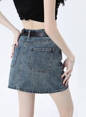 77187-035复古蓝大码牛仔半身裙子胖mm遮肚藏肉显瘦包臀裙a字短裙