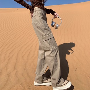 77110-43卡其色工装裤子女胖mm大码显瘦梨型身材高腰直筒裤小个子