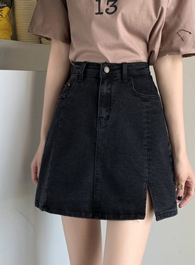 77085-034黑色开叉高腰牛仔a字短裙子胖mm显瘦大码半身裙梨型身材