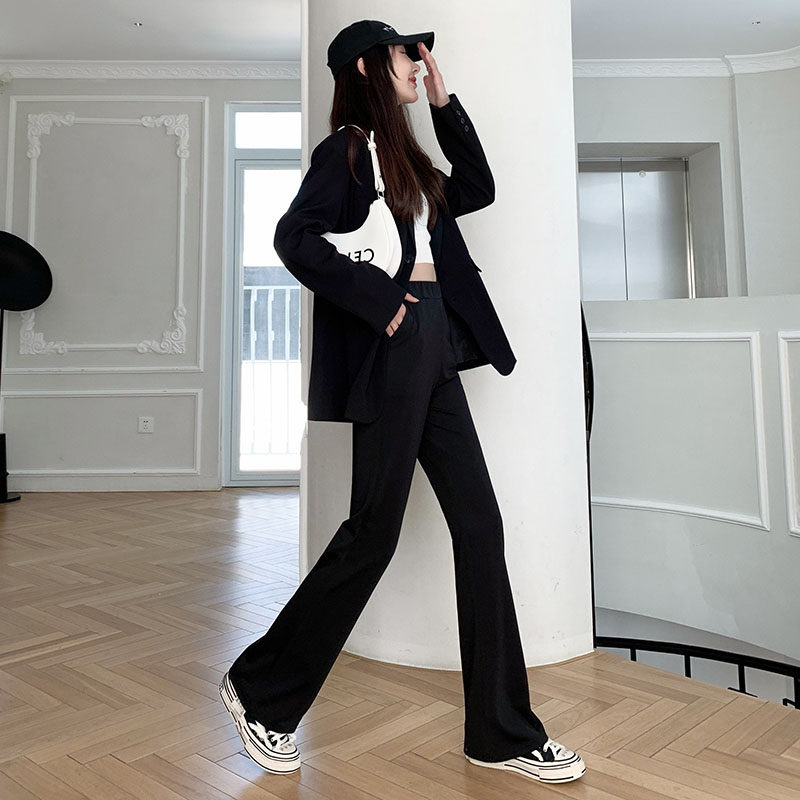 99167-038梨型身材微喇叭裤子大码女胖mm显瘦高腰弹力休闲西装裤