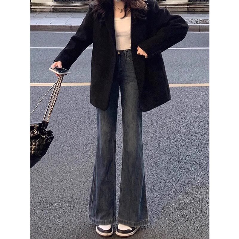 77193-38不贴腿微喇牛仔裤子女胖mm大码显瘦梨型身材高腰喇叭裤子