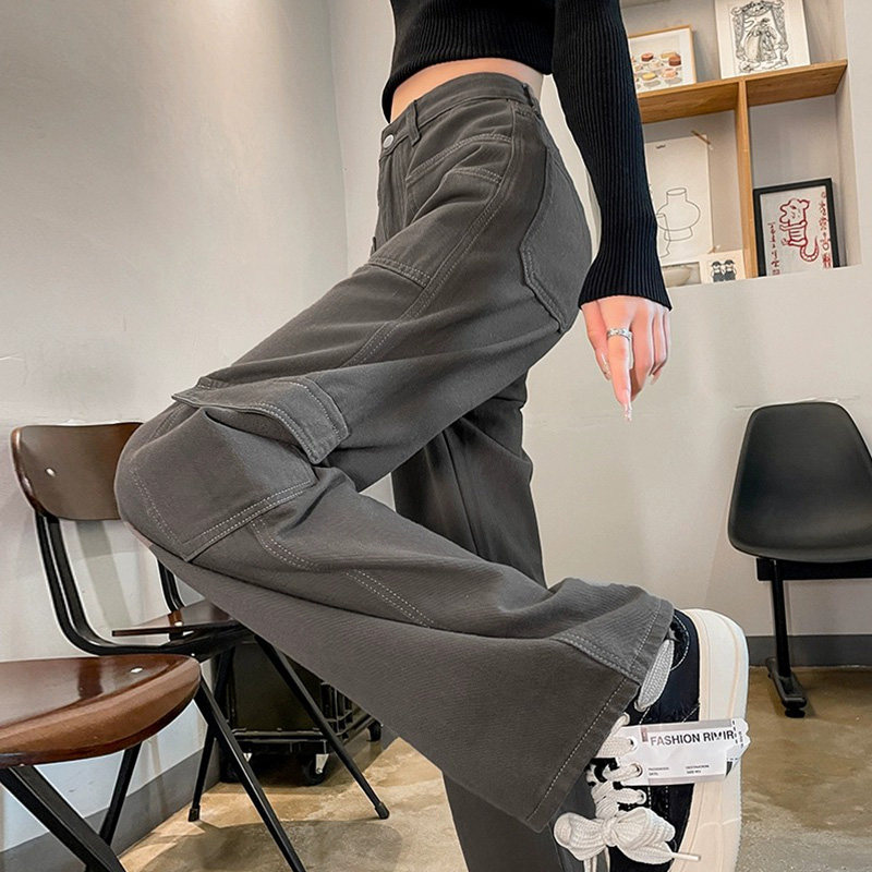 77170-045灰色美式工装牛仔裤女大码胖mm高腰直筒阔腿裤子显瘦