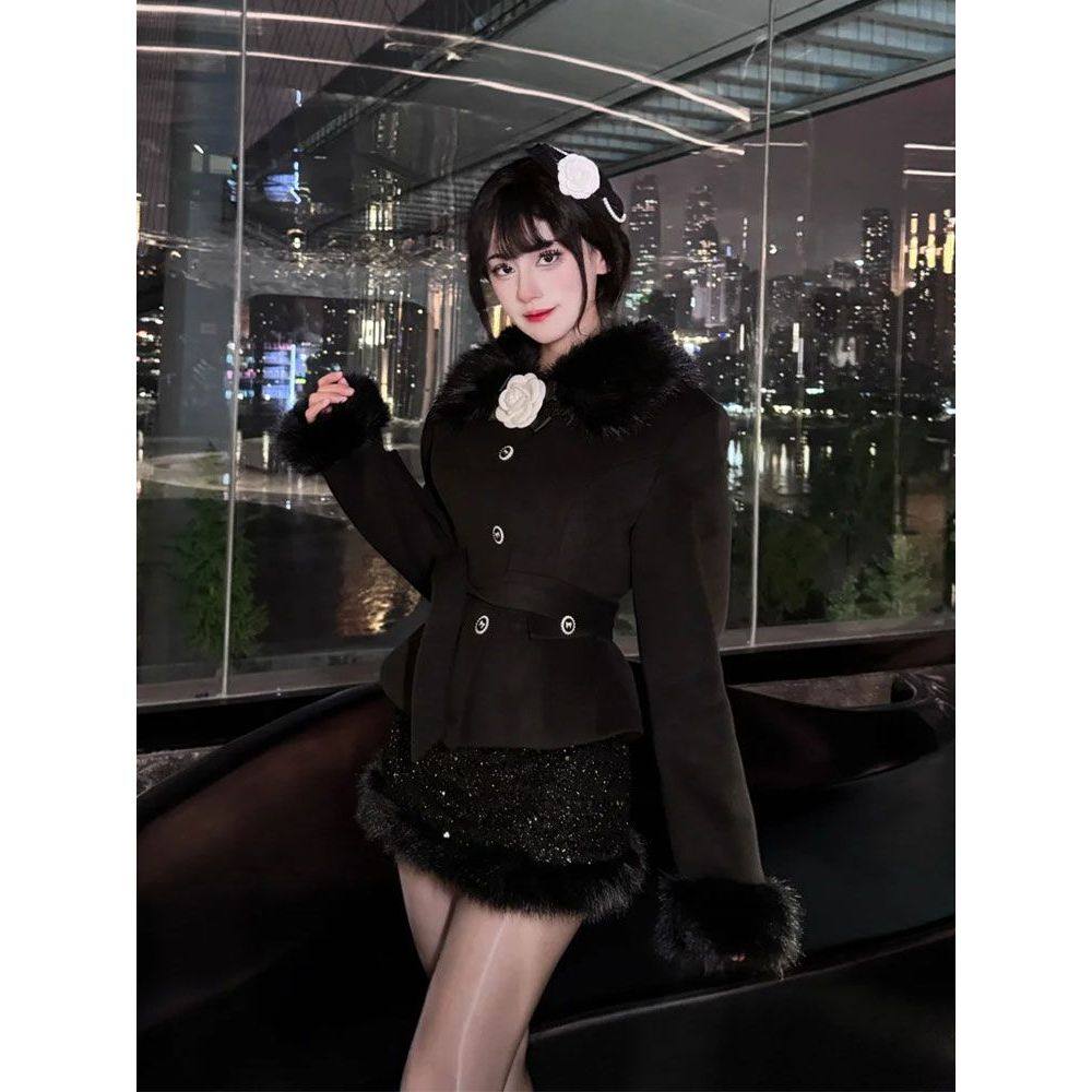 千金风毛呢拼接毛领外套+半裙套装冬季新款高级感加厚两件套女