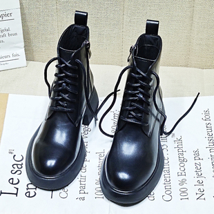 2026春季新款马丁靴女粗跟真皮英伦系带高跟短靴女厚底短筒女靴子