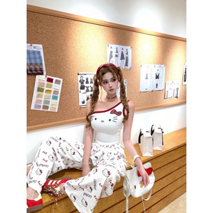 JOYKIKI鹅了么夏季纯欲拼接撞色设计感吊带上衣套装女