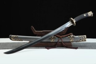 青龙宝刀 仿古银金属鞘 纯铜装具 百炼花纹钢 粗颗粒真鱼皮未开刃